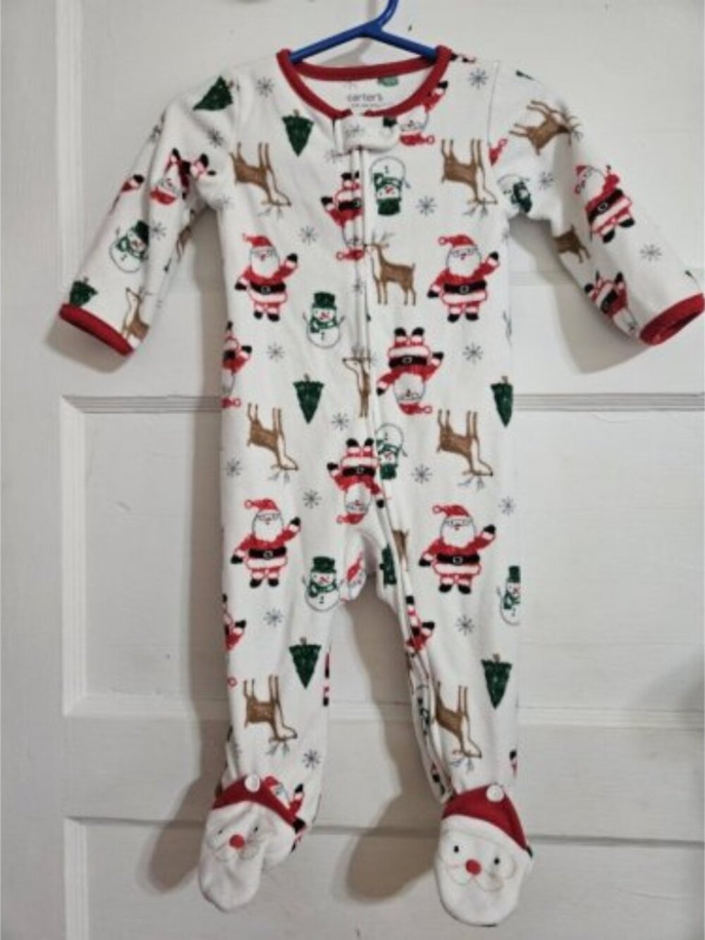CARTER'S White and Red Santa Print Fleece Blanket Sleeper Pajamas Size 9 months